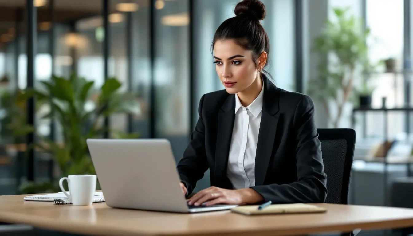 A professional is focused on their laptop, actively building a digital portfolio that highlights their technical and soft skills for skills-based hiring. This setup emphasizes the importance of showcasing relevant skills and competencies to meet job descriptions and enhance the hiring process.